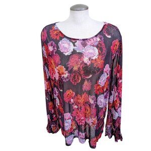 Womens Plus 3X Mesh Floral Top Blouse Smocked Wrist Bell Sleeve Sheer Bohemian
